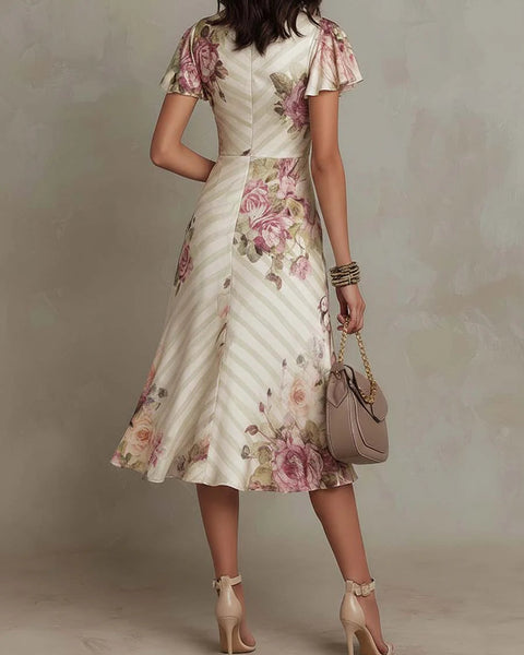 ESSENTIAL - Alba | Elegant Retro Floral Satin Midi Dress ✨