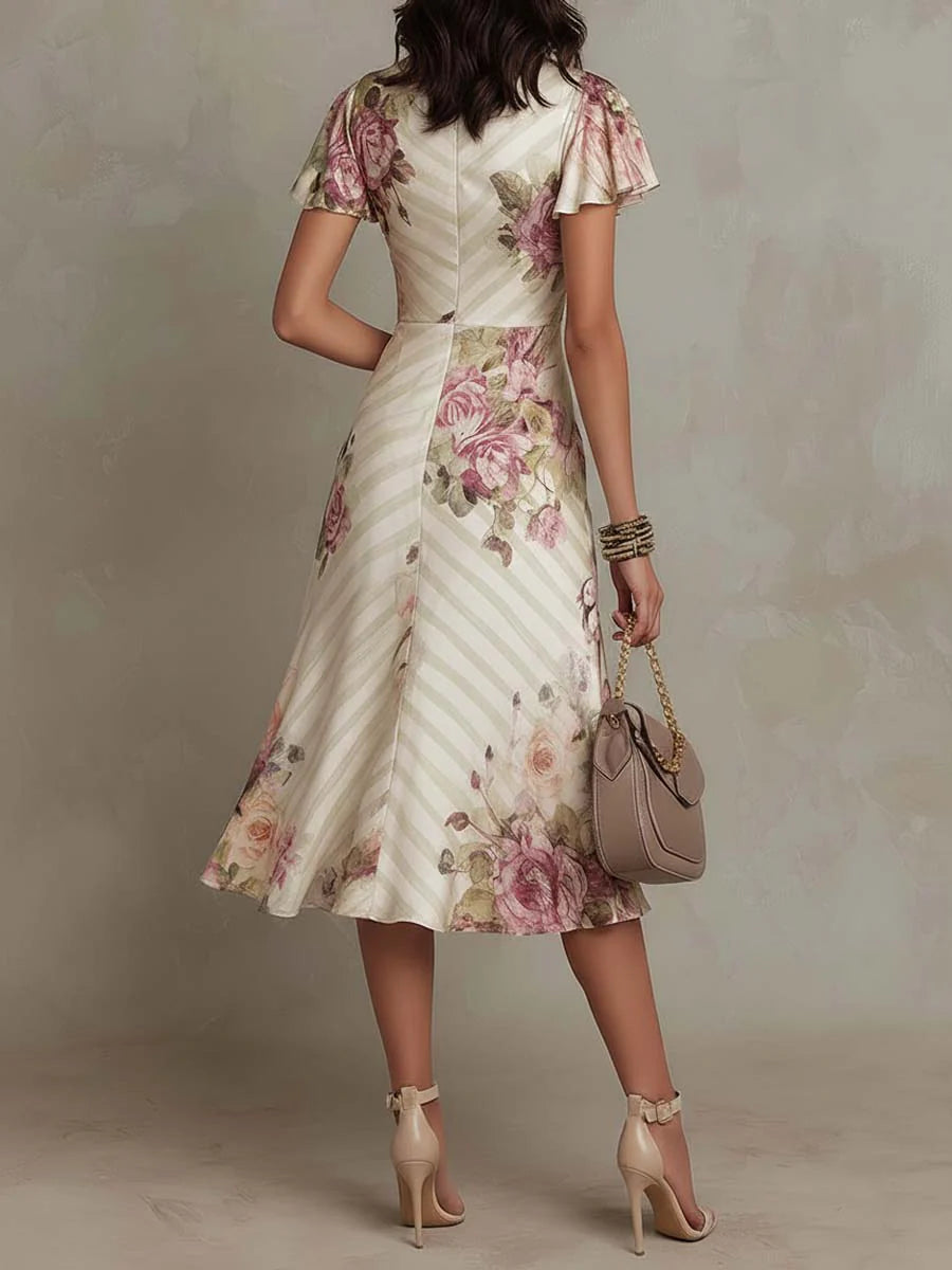 ESSENTIAL - Alba | Elegant Retro Floral Satin Midi Dress ✨