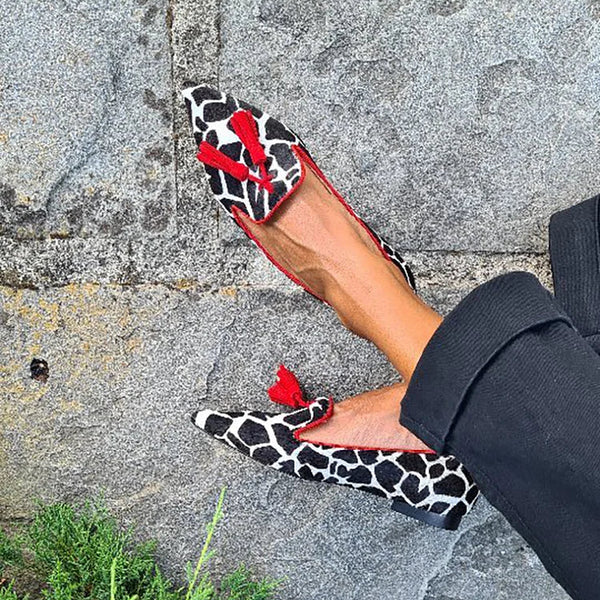 Helena | Mocassin à imprimé animal avec franges rouges
