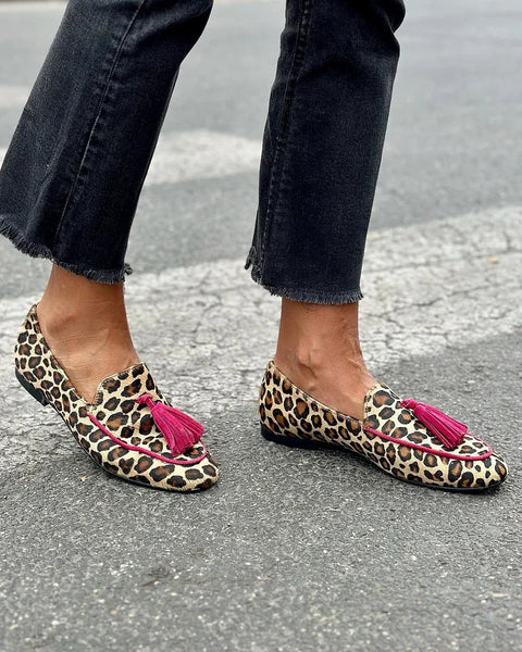 Edith | Mocassin à Imprimé Animal avec Franges Fuchsia