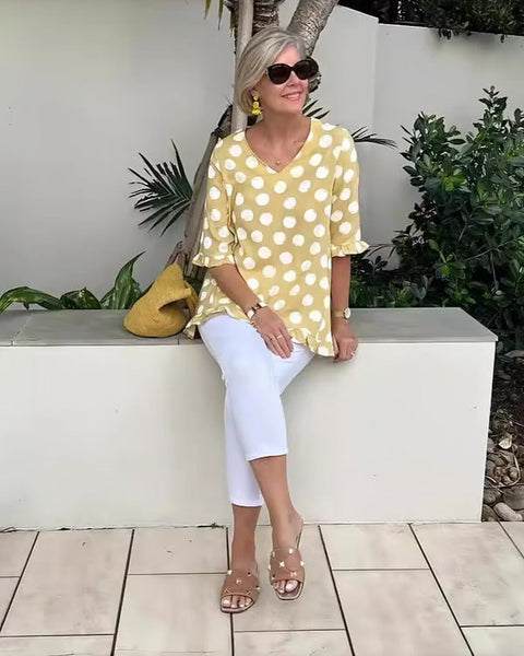 Denise | Relaxed V-Neck Polka Dot Blouse