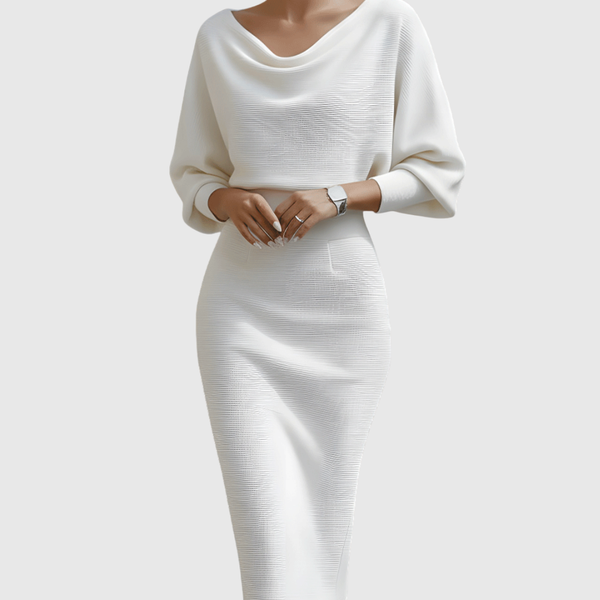 Ismeria™ | White Midi Dress with Batwing Sleeves