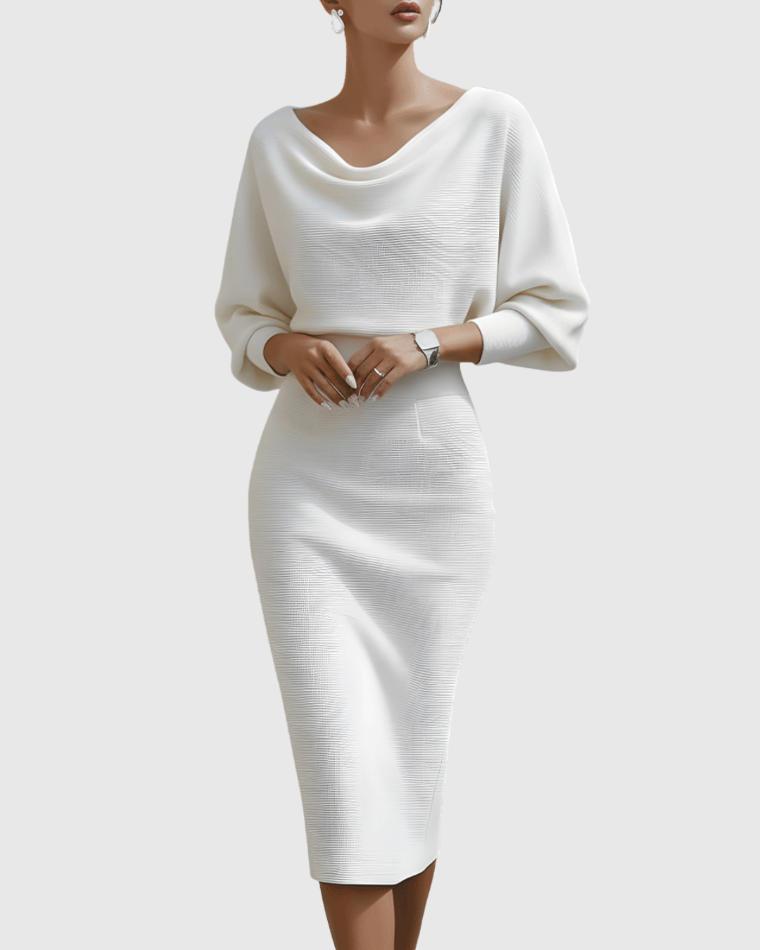 Ismeria™ | White Midi Dress with Batwing Sleeves