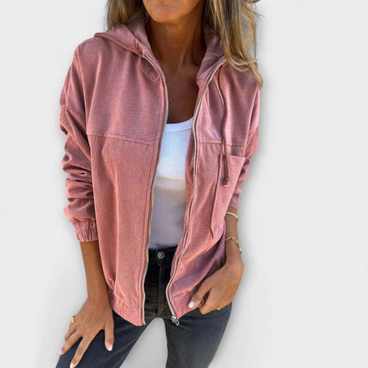 Ella - Veste à capuche en velours côtelé zippée