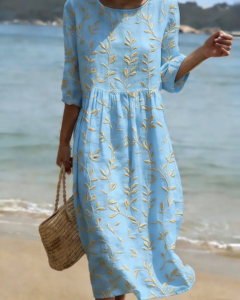 Natalie | Plant & Flower Print Round Neck Midi Dress