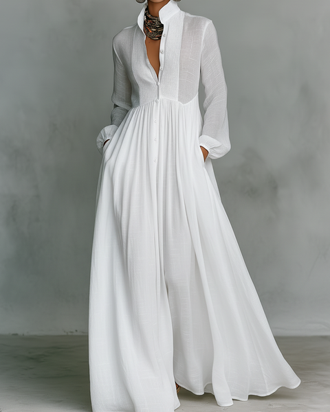ESSENTIAL - Maxi Minimalist Dress in Cotton & Linen with Patchwork, High Collar and Long Sleeves