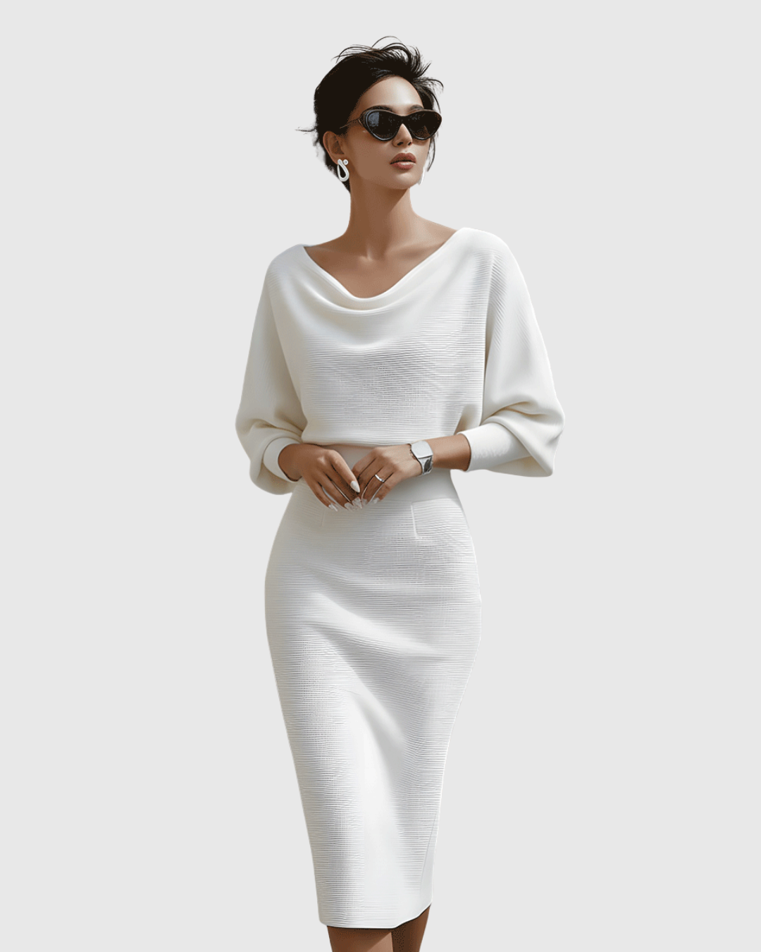Ismeria™ | White Midi Dress with Batwing Sleeves