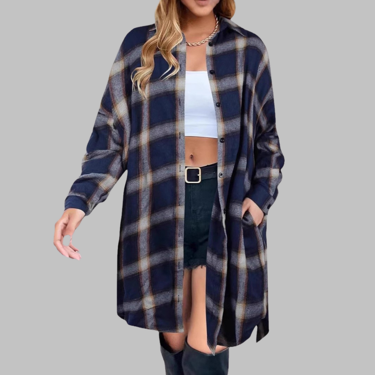 PALOMA™ - Veste à Carreaux Chic à Manches Longues Boutonnée