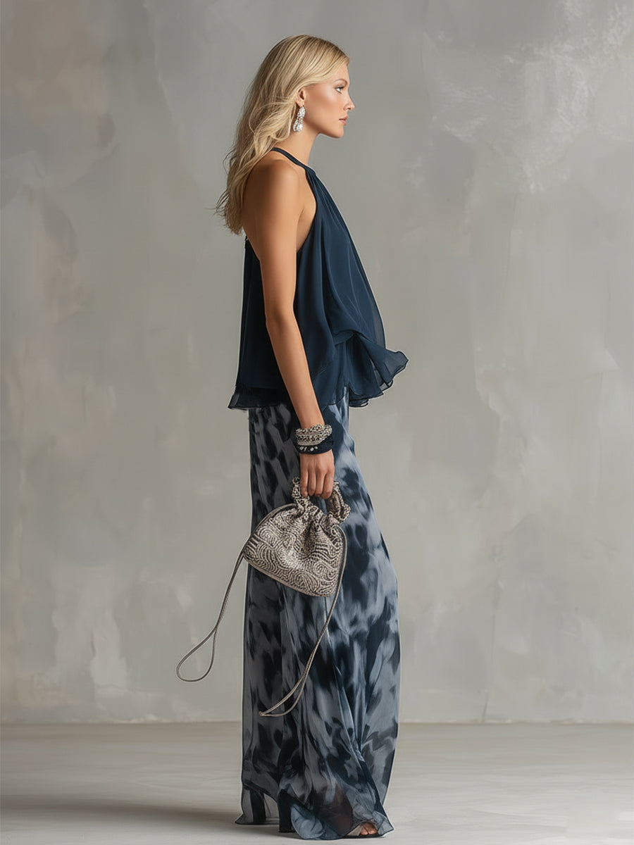 ESSENTIAL - Ludovica – Elegant chiffon set with high-neck top and wide-leg printed trousers