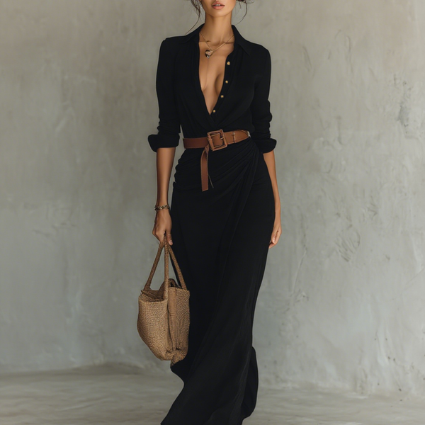 ESSENTIAL - Maxi Long Dress with Lapel Collar and Long Sleeves for Women