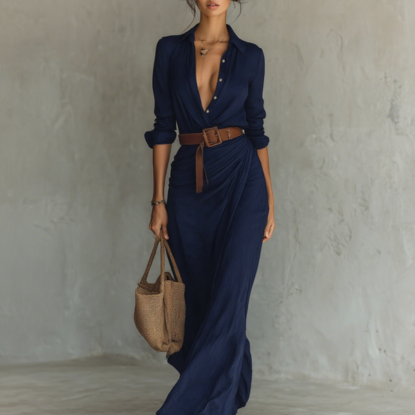 ESSENTIAL - Maxi Long Dress with Lapel Collar and Long Sleeves for Women