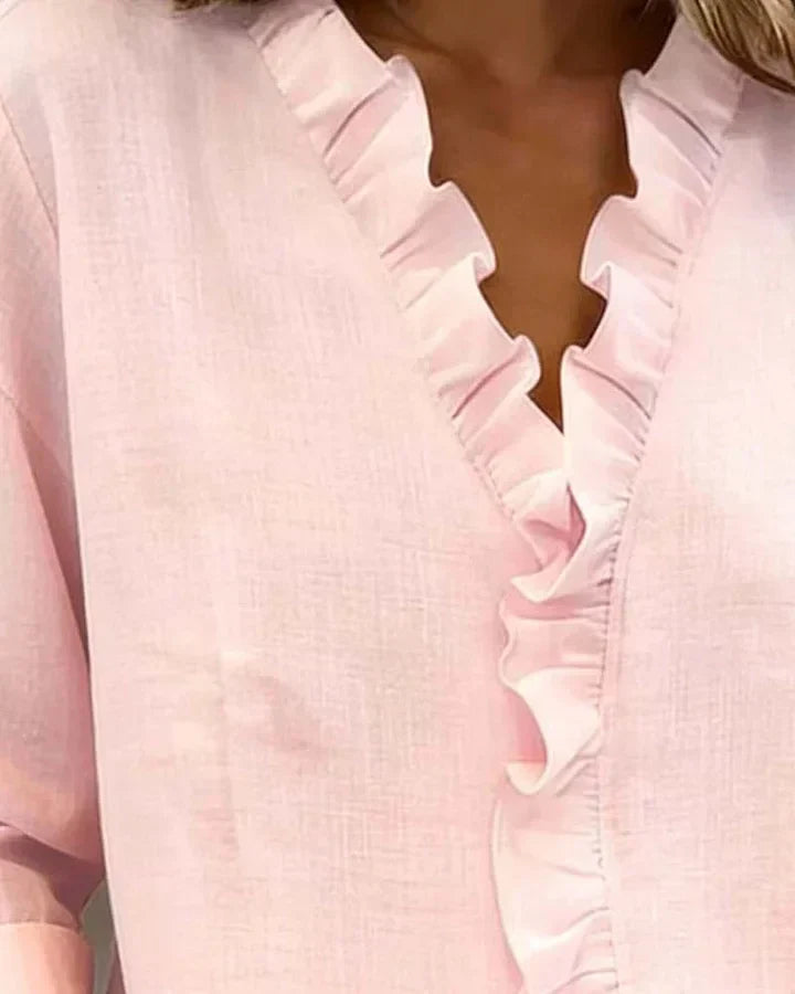 Indie | Blouse avec Volants, Col en V et Manches Longues