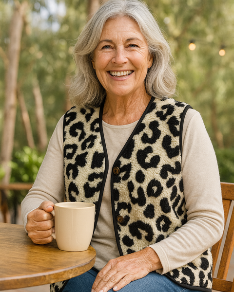 Marlene | Leopard Knit Comfort Vest - No fuss. No squeeze. Effortless warmth.