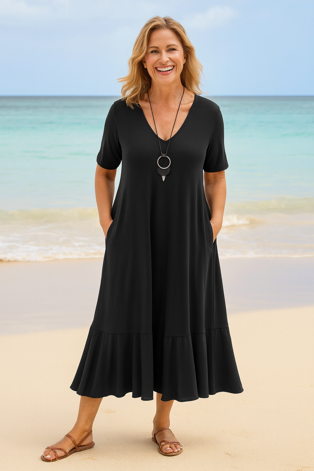 Maravie | FlowEase Midi Dress – Effortless Shape, Confident Movement