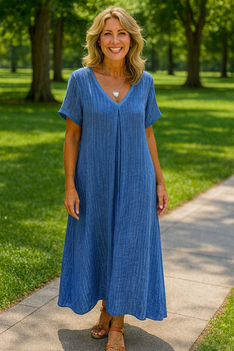 Serenne | Cotton-Linen FlowVee Midi Dress – Refined Elegance, Everyday Ease