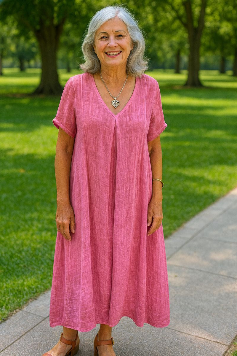 Serenne | Cotton-Linen FlowVee Midi Dress – Refined Elegance, Everyday Ease