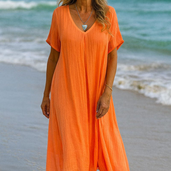 Serenne | Cotton-Linen FlowVee Midi Dress – Refined Elegance, Everyday Ease