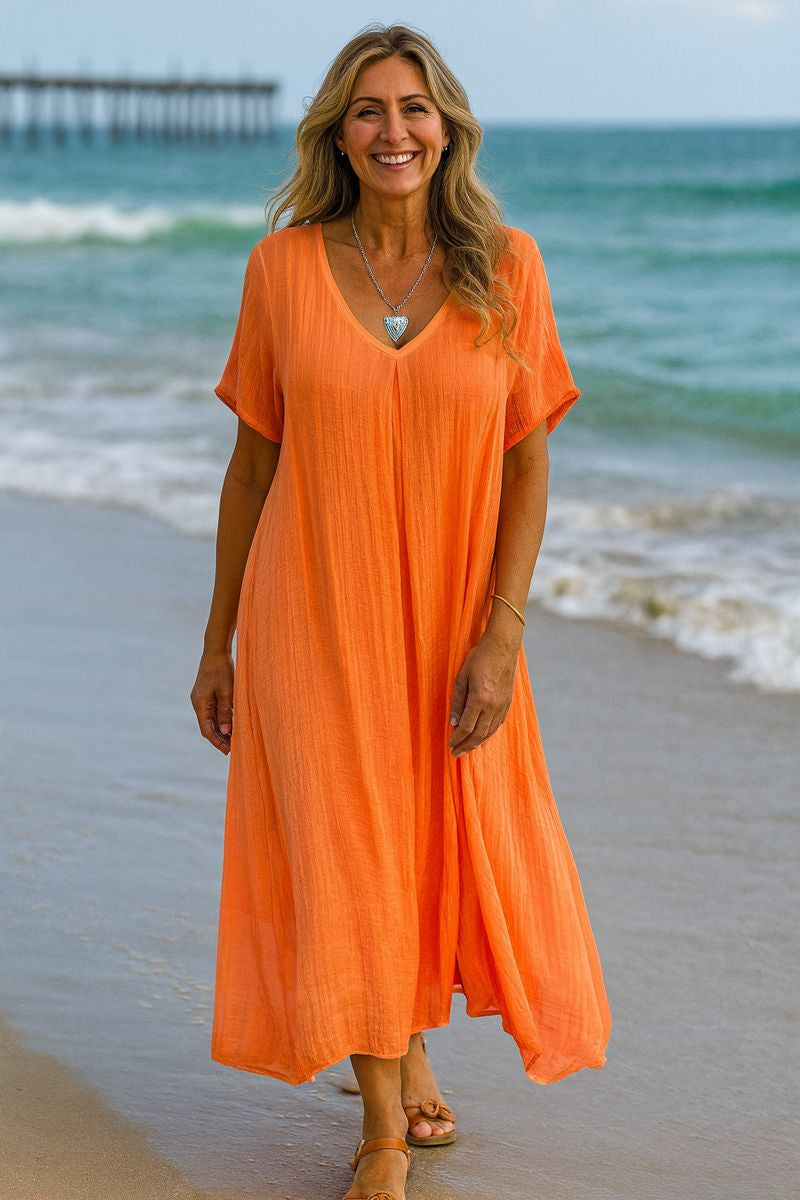 Serenne | Cotton-Linen FlowVee Midi Dress – Refined Elegance, Everyday Ease