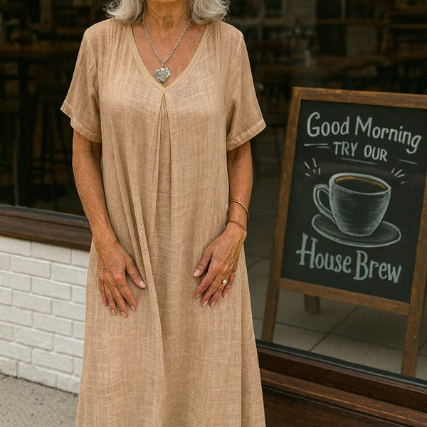 Serenne | Cotton-Linen FlowVee Midi Dress – Refined Elegance, Everyday Ease