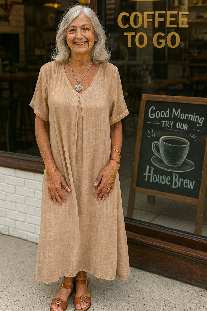 Serenne | Cotton-Linen FlowVee Midi Dress – Refined Elegance, Everyday Ease