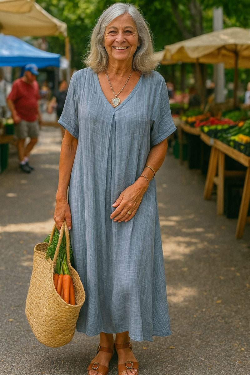 Serenne | Cotton-Linen FlowVee Midi Dress – Refined Elegance, Everyday Ease