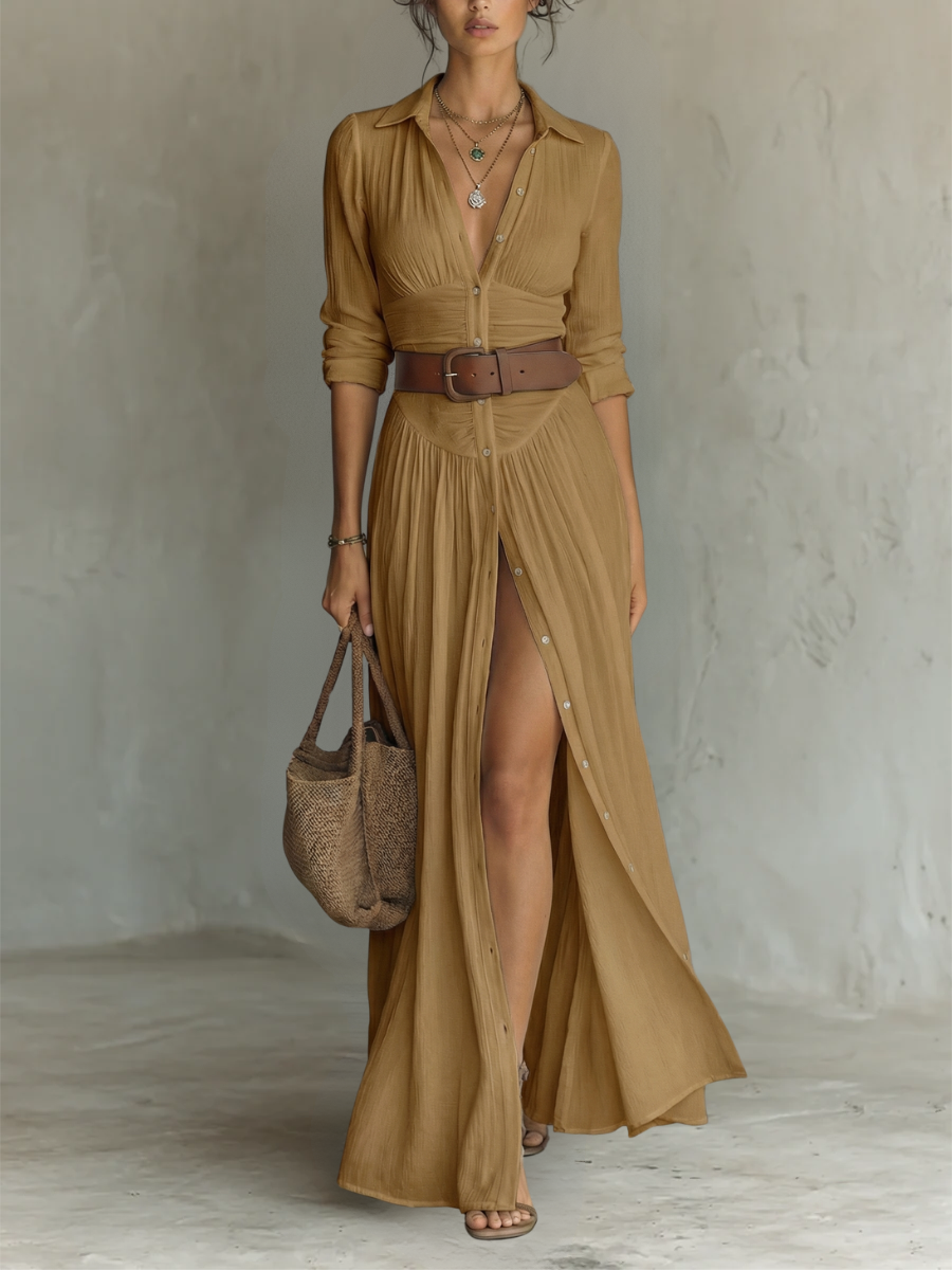 ESSENTIAL - Long Maxi Linen Dress with Notched Collar and Long Sleeves for Women