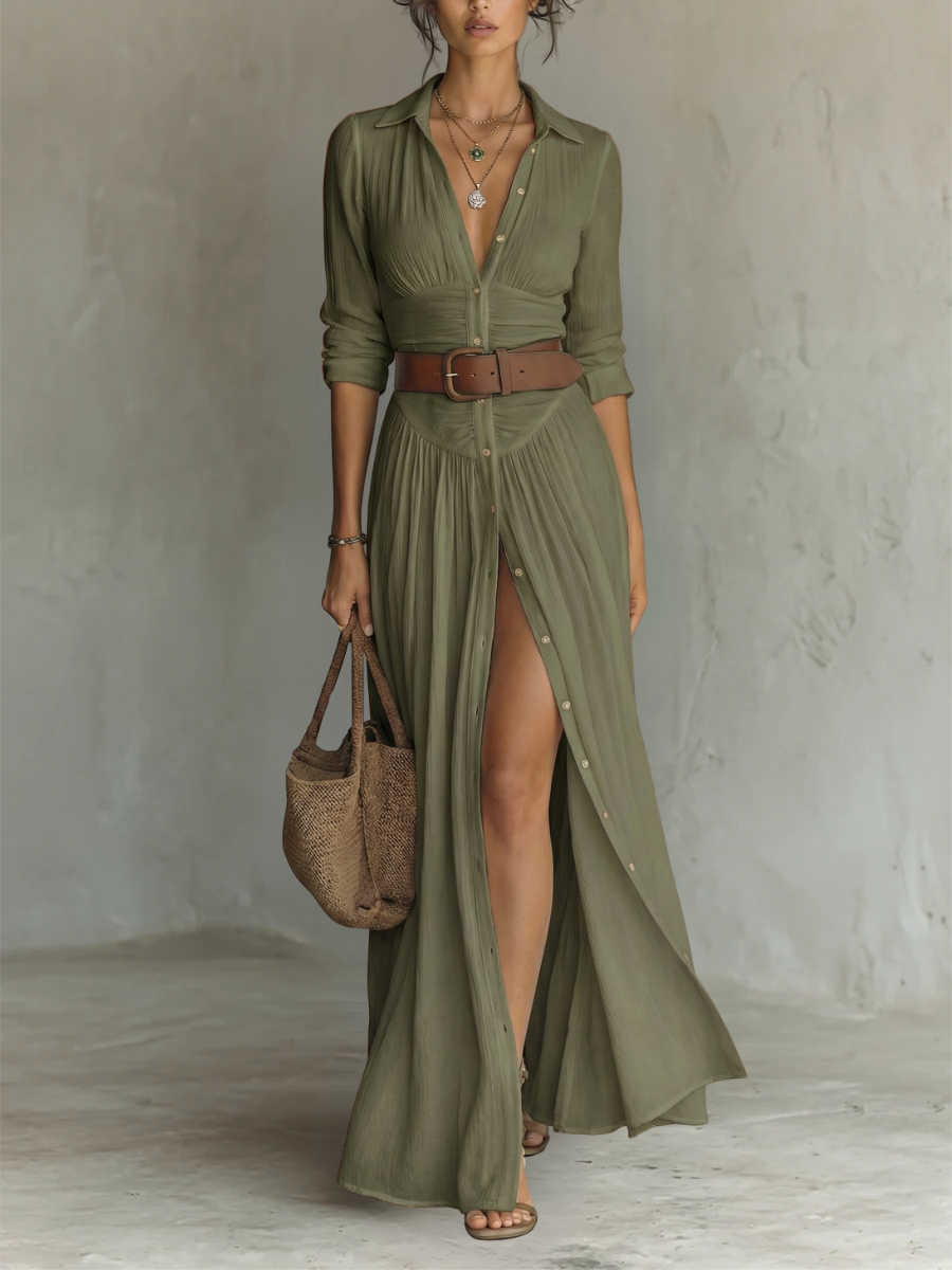 ESSENTIAL - Long Maxi Linen Dress with Notched Collar and Long Sleeves for Women
