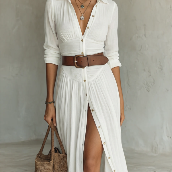 ESSENTIAL - Long Maxi Linen Dress with Notched Collar and Long Sleeves for Women