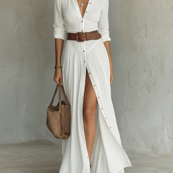 ESSENTIAL - Long Maxi Linen Dress with Notched Collar and Long Sleeves for Women