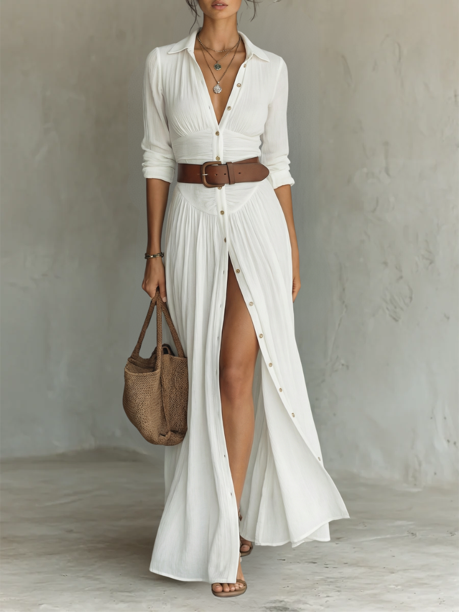 ESSENTIAL - Long Maxi Linen Dress with Notched Collar and Long Sleeves for Women