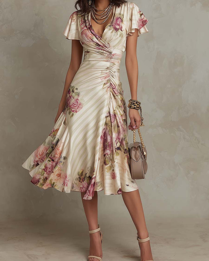 ESSENTIAL - Alba | Elegant Retro Floral Satin Midi Dress ✨