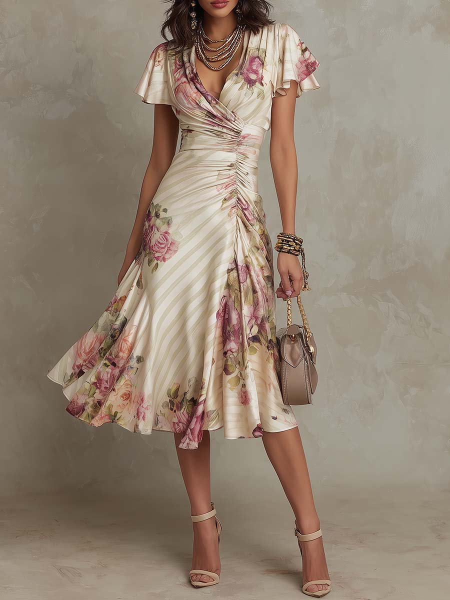 ESSENTIAL - Alba | Elegant Retro Floral Satin Midi Dress ✨