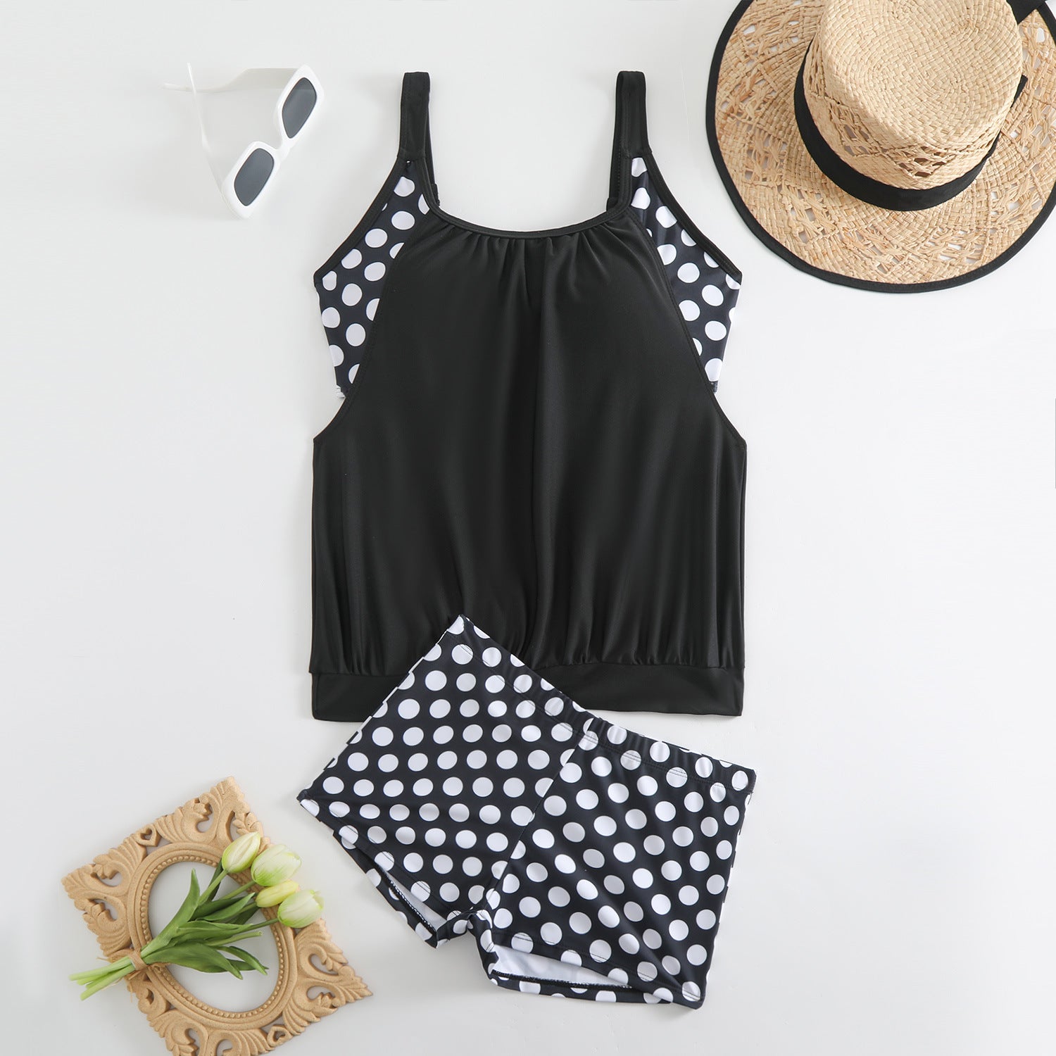 The Serenity Dot Tankini Set – Flattering Coverage & Matching Shorts