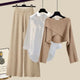  Ensemble trois pièces : pull couleur café + chemise blanche + pantalon large kaki