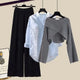  Ensemble trois pièces : pull gris + chemise bleue + pantalon large noir