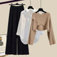  Ensemble trois pièces : pull couleur café + chemise blanche + pantalon large noir