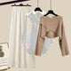  Ensemble de trois pièces : pull couleur café + chemise blanche + pantalon large abricot