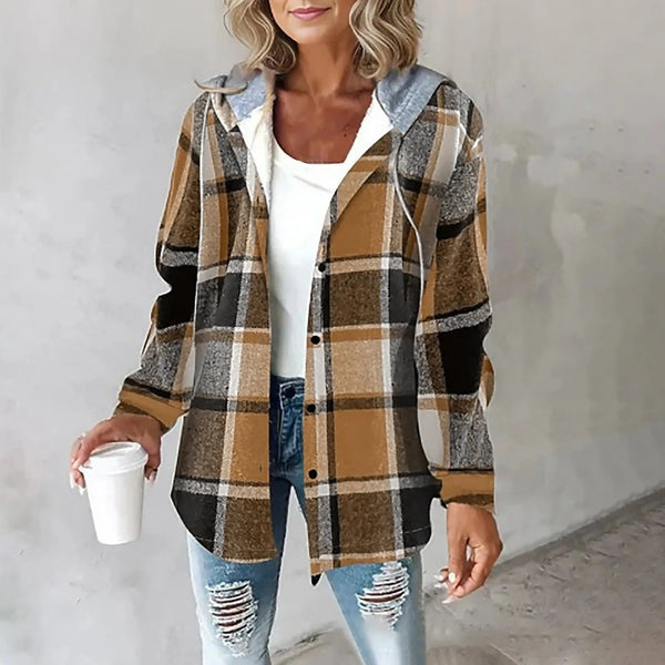PAIGE™ - Veste à Capuche à Carreaux Chic à Manches Longues avec Boutons