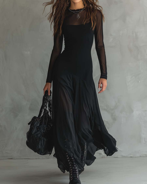 Black Loose-Fit Tulle Maxi Dress