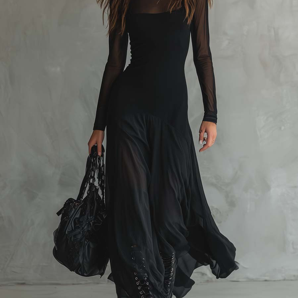 Black Loose-Fit Tulle Maxi Dress