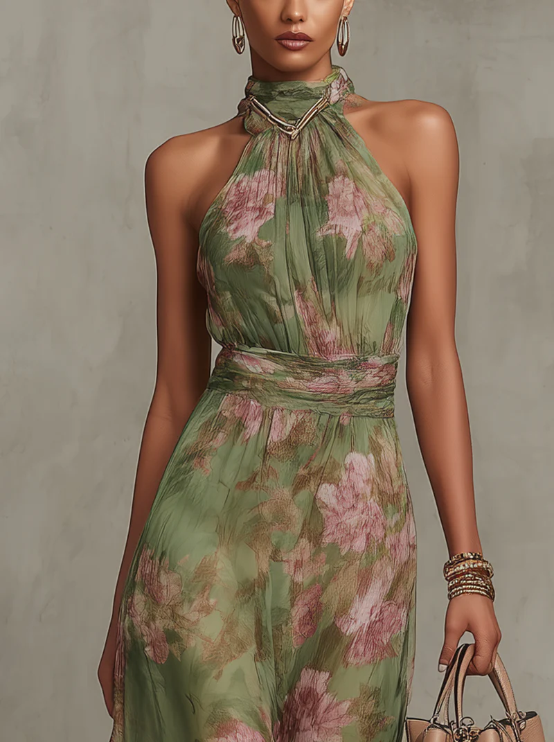ESSENTIAL - Serena ∙ Green Floral Chiffon Maxi Dress with Halter Neckline