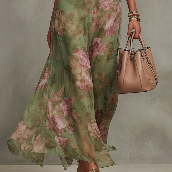 ESSENTIAL - Serena ∙ Green Floral Chiffon Maxi Dress with Halter Neckline