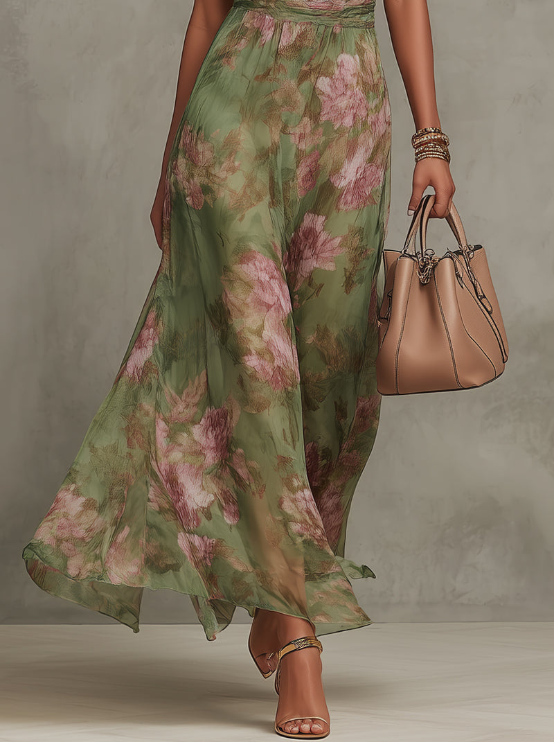 ESSENTIAL - Serena ∙ Green Floral Chiffon Maxi Dress with Halter Neckline