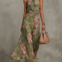 ESSENTIAL - Serena ∙ Green Floral Chiffon Maxi Dress with Halter Neckline