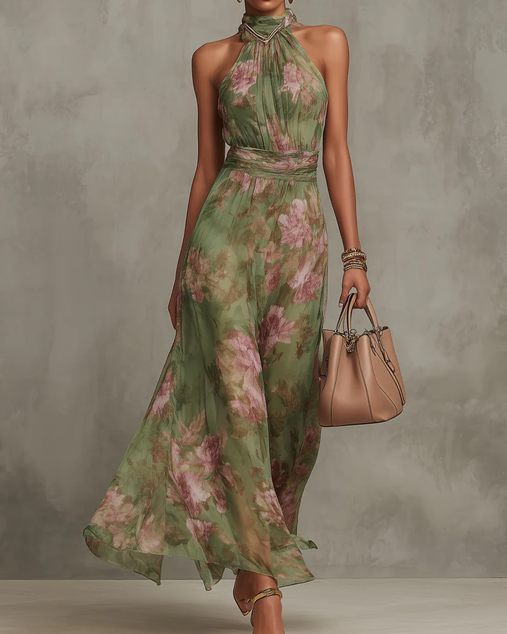 ESSENTIAL - Serena ∙ Green Floral Chiffon Maxi Dress with Halter Neckline