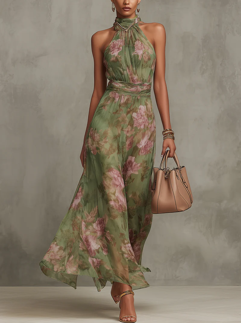 ESSENTIAL - Serena ∙ Green Floral Chiffon Maxi Dress with Halter Neckline