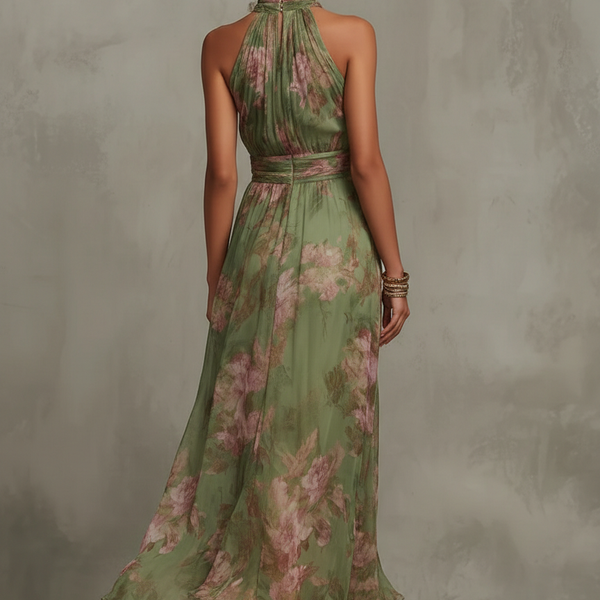 ESSENTIAL - Serena ∙ Green Floral Chiffon Maxi Dress with Halter Neckline