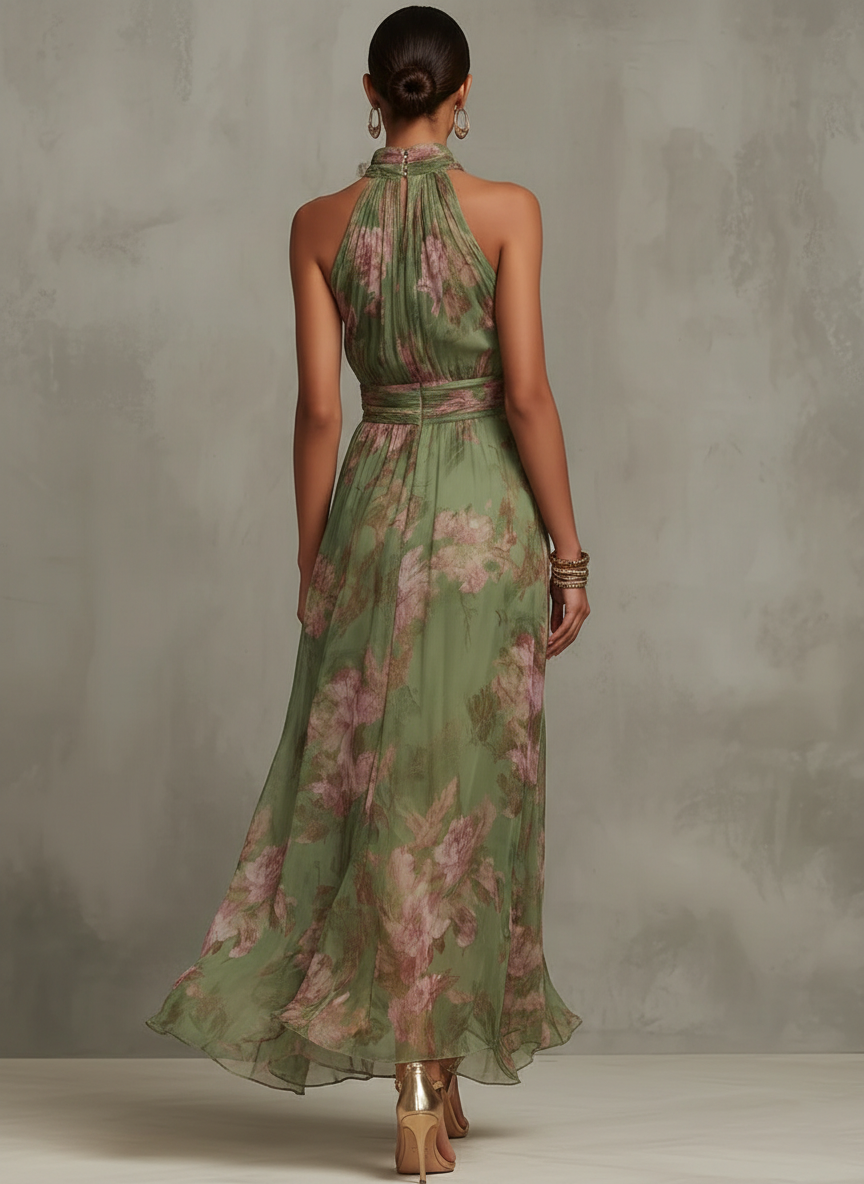 ESSENTIAL - Serena ∙ Green Floral Chiffon Maxi Dress with Halter Neckline
