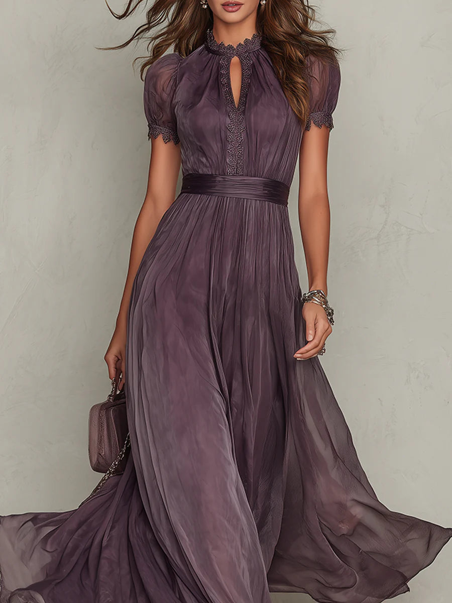 ESSENTIAL - Flavia • Long Purple Dress with Keyhole Neckline & Chiffon Lace Trim