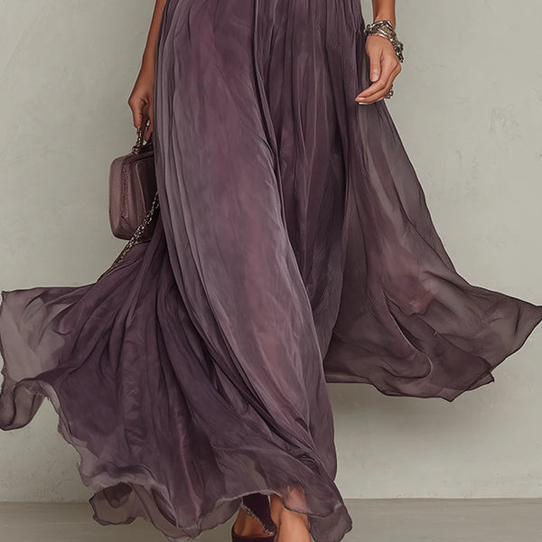ESSENTIAL - Flavia • Long Purple Dress with Keyhole Neckline & Chiffon Lace Trim